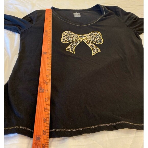 Black Blouse Cheeatah Print Bow Size Large T Shirt Long Sleeve Stretchy Casual - Picture 8 of 9